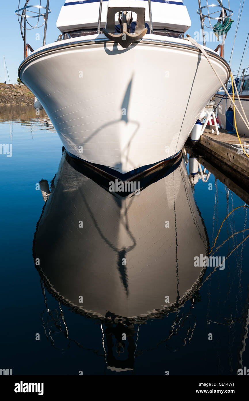 close view of front of boat anchored on Point Roberts marina, Washington state, USA Stock Photo