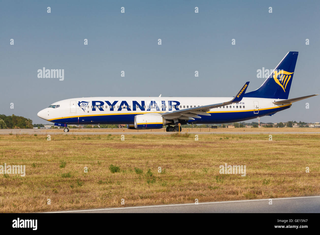Ryanair airplane ready to takeoff from Guglielmo Marconi airport in
