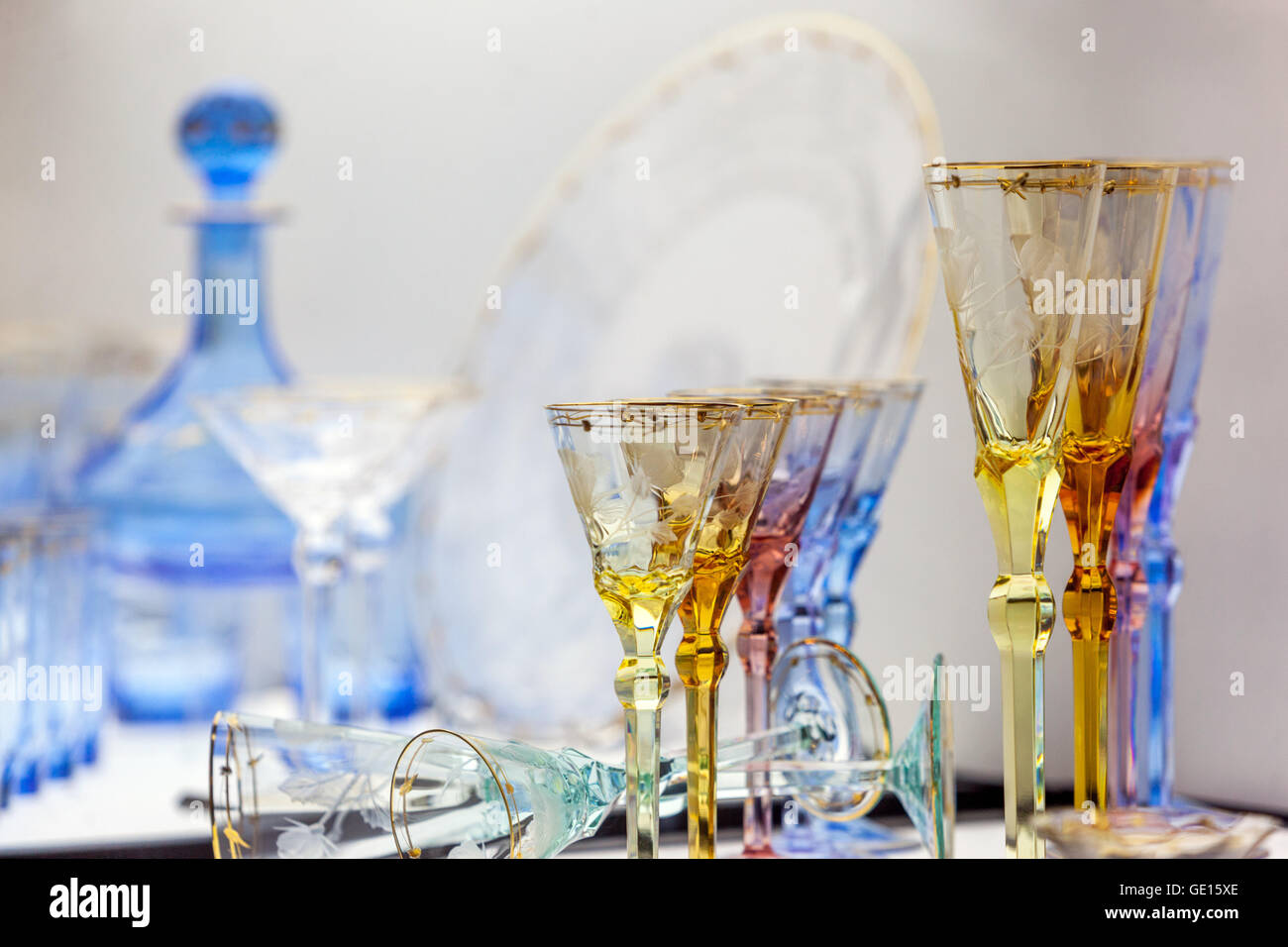 Current products Moser glassworks, company store display, Karlovy Vary, Bohemia crystal glass shop Czech Republic Glassware Stock Photo