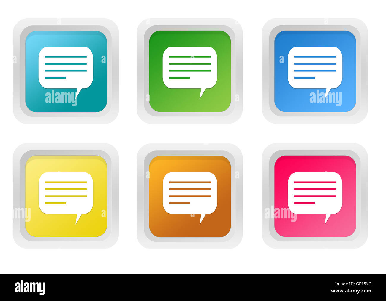Set of squared colorful buttons with conversation symbol in blue, green ...