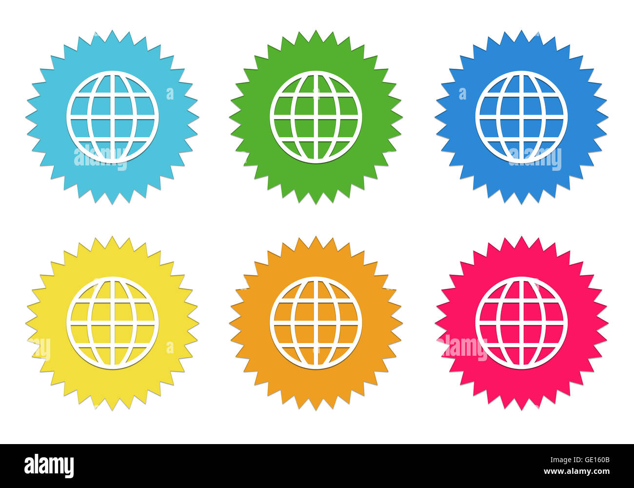 Set of colorful stickers icons with world symbol in blue, green, yellow ...