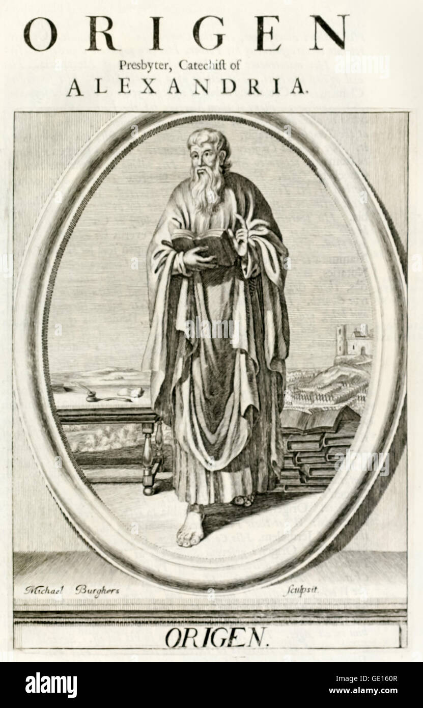 Origen Adamantius (184-254) Greek scholar and theologian born in Alexandria, Egypt who’s works included ‘Hexapla’, a study of different translations of the Old Testament. Engraving by Michael Burghers (1647-1727). Stock Photo