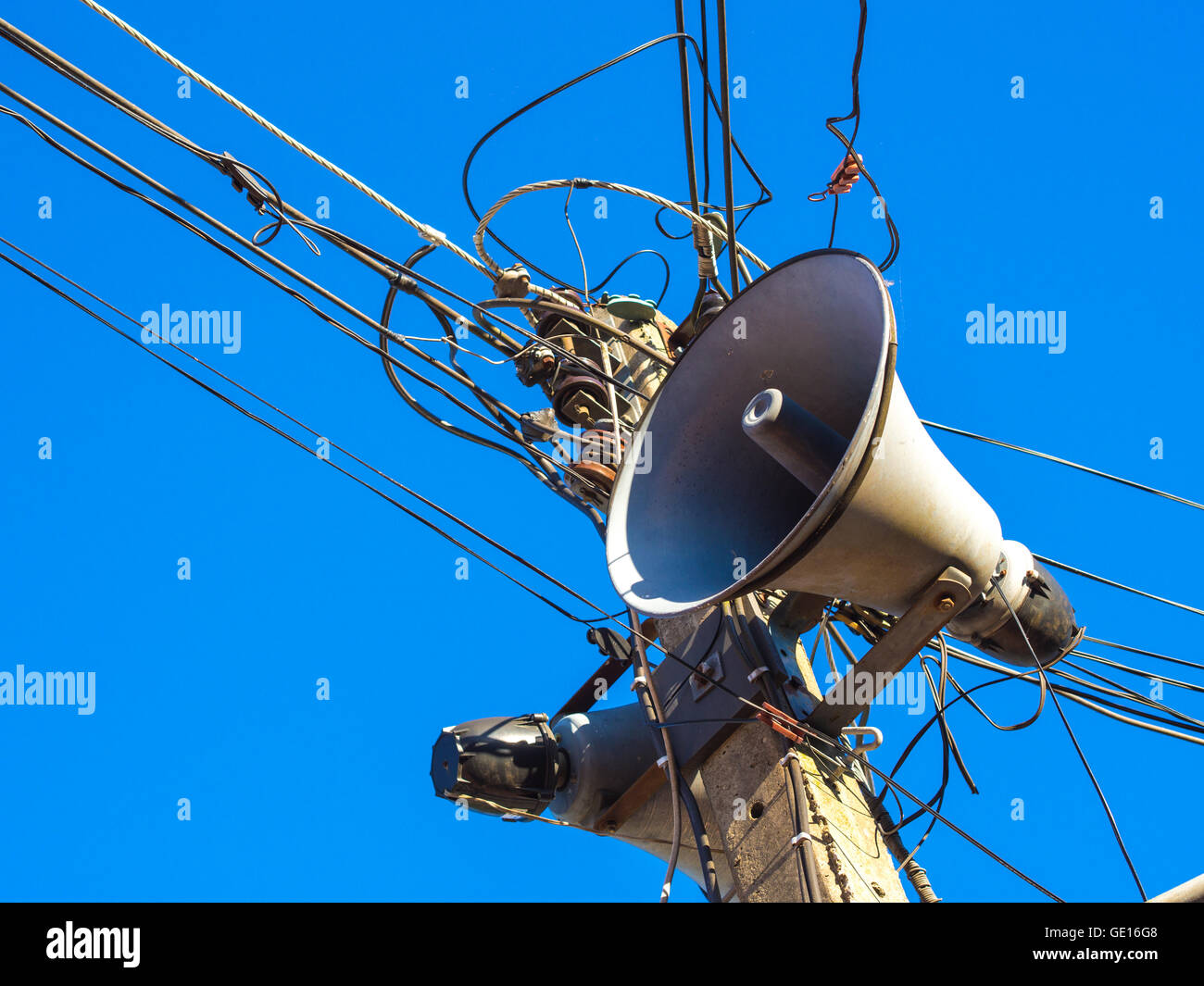 Speaker on electric pole in day light Stock Photo Alamy