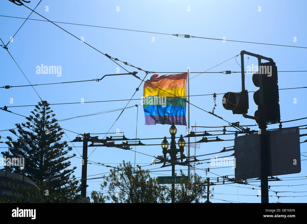 The rainbow flag flies in the heart of the Castro District in the city of San Francisco Stock Photo