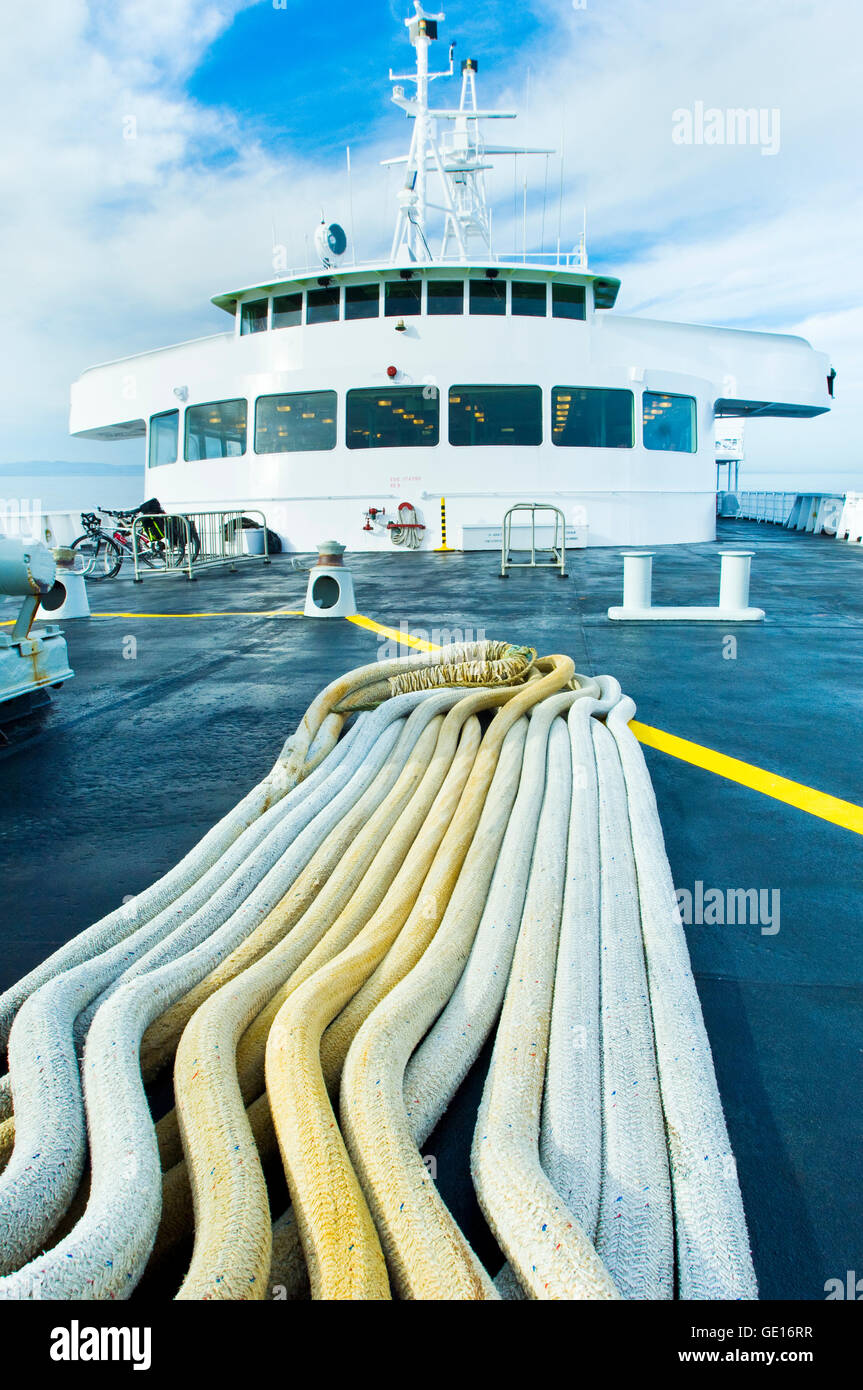 The berthing rope and bridge of the ferry M.V. Coho crossing the Strait of Juan de Fuca. Stock Photo