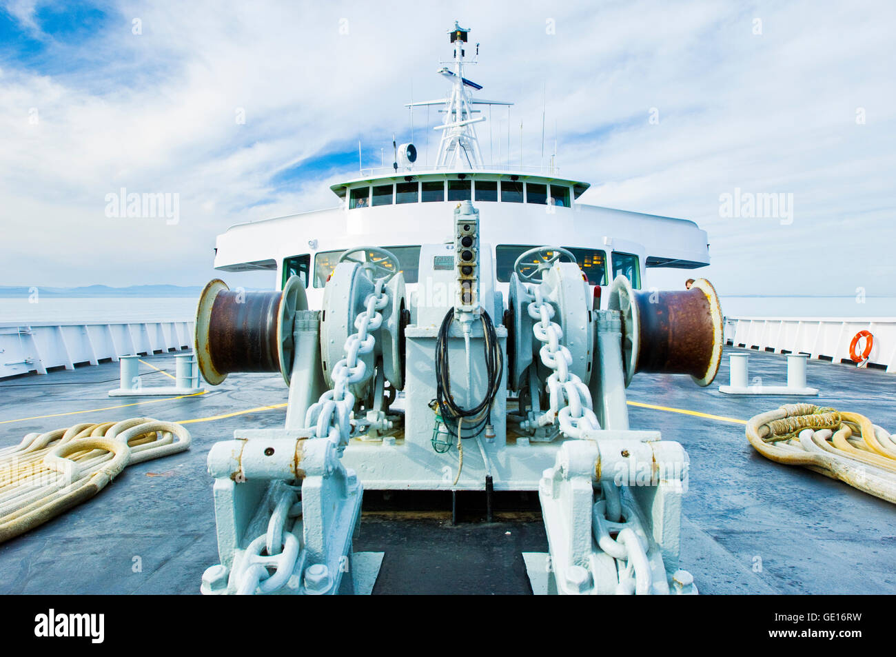 The anchor windlass and bridge of the ferry M.V. Coho crossing the