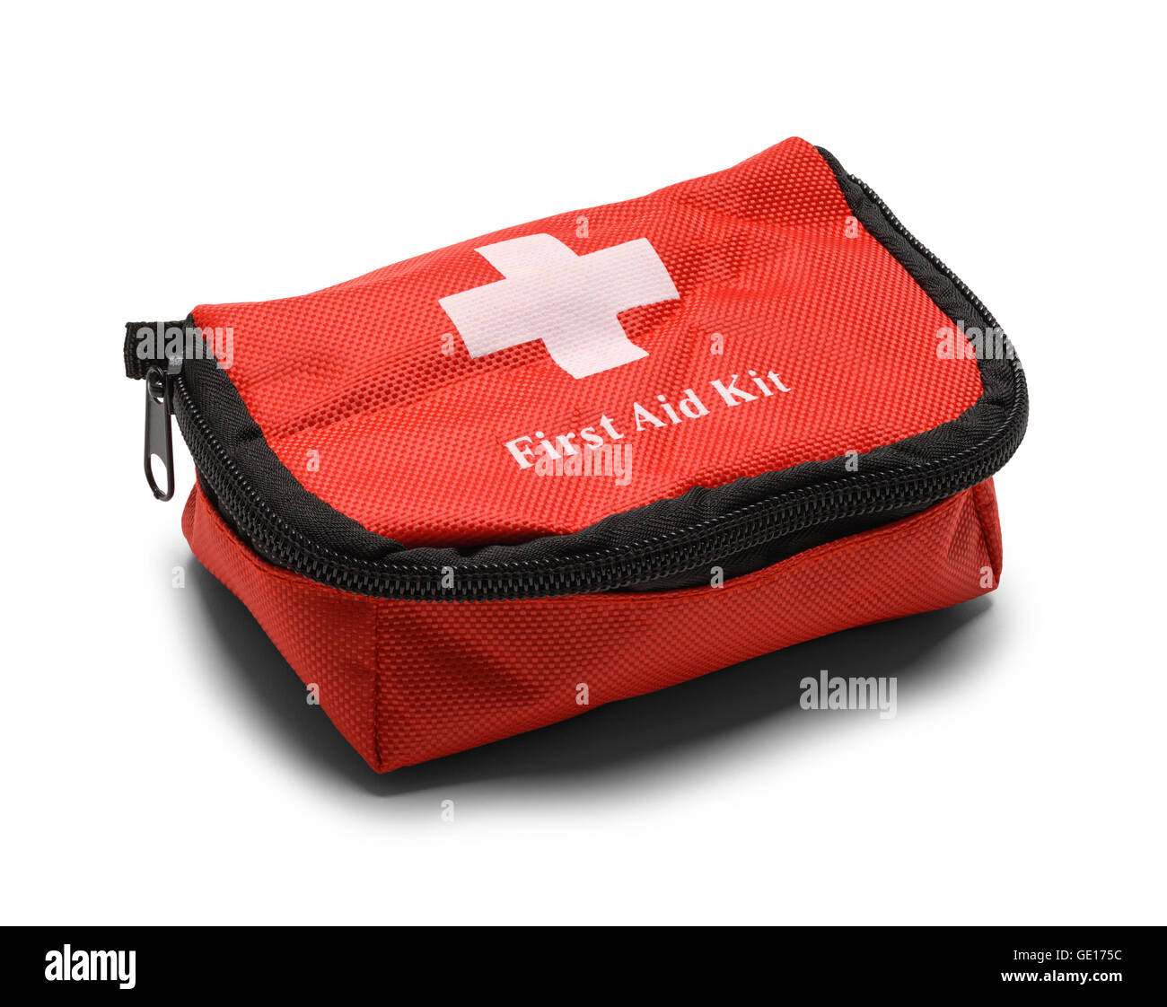 Red First Aid Kit Bag Isolated on White Background. Stock Photo