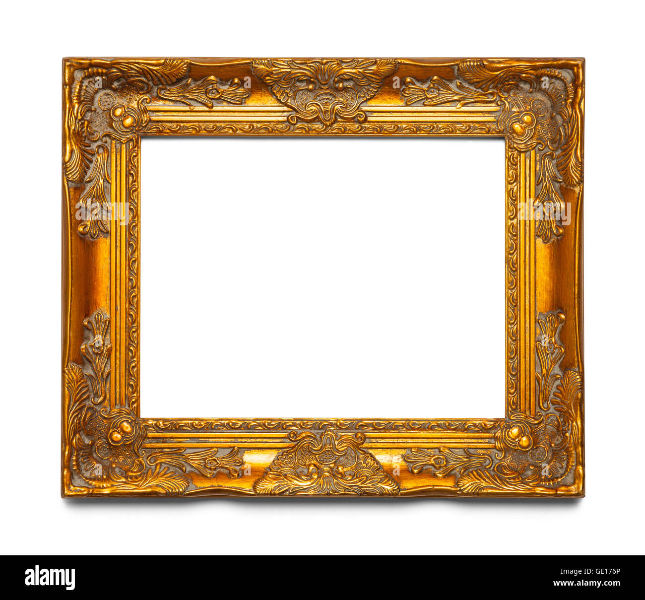 Old Gold Leaf Ornate Frame Isolated on White Background. Stock Photo