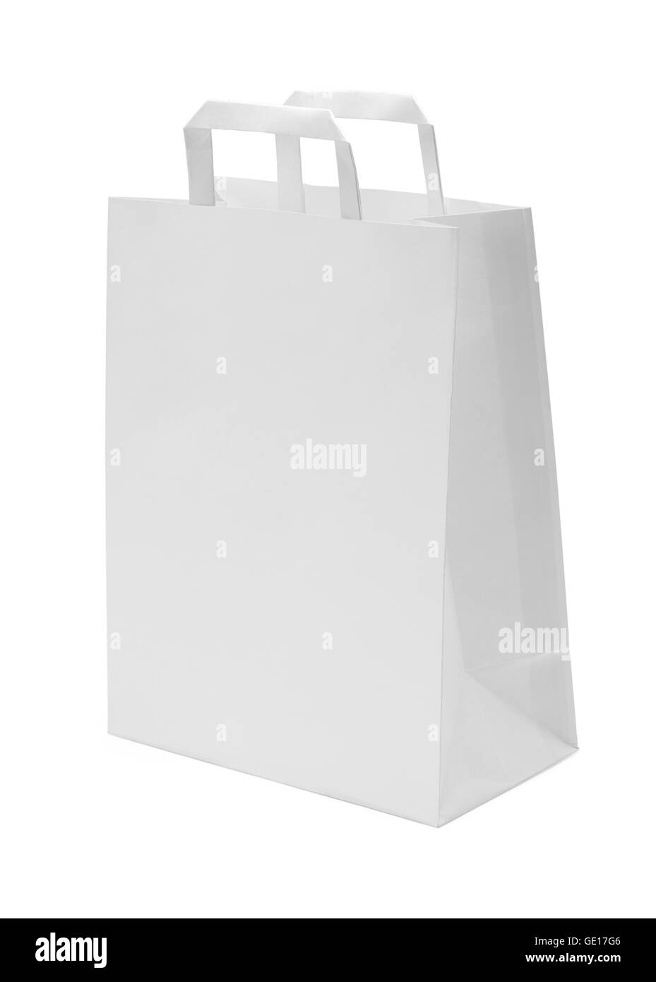 White Paper Bag with Handles Isolated on White Background. Stock Photo