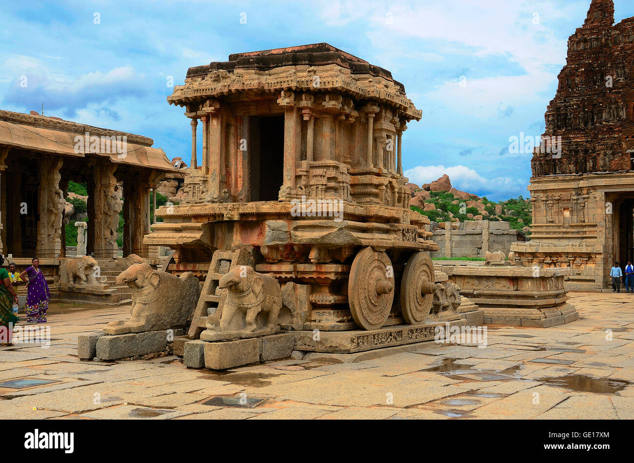 Beautifully carved chariot, Made of a stone, Vitthala Temple Complex, Hampi, Karnataka, India Stock Photo