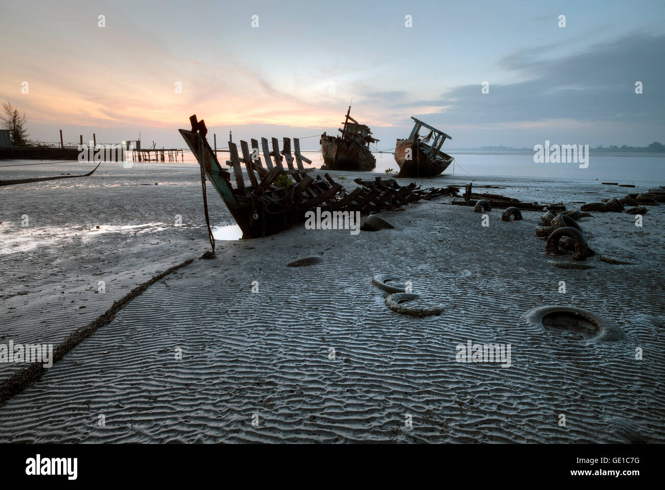 Shipwrecked boat on beach, Kota Kinabalu, Sabah, Malaysia Stock Photo
