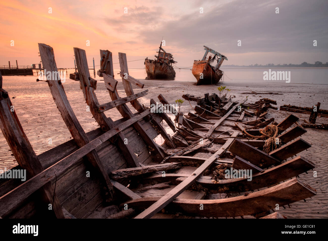 Shipwrecked boat on beach, Kota Kinabalu, Sabah, Malaysia Stock Photo