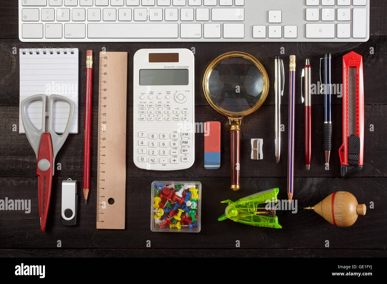 Top view office workplace - keyboard, pencil, calculator, ruler ...