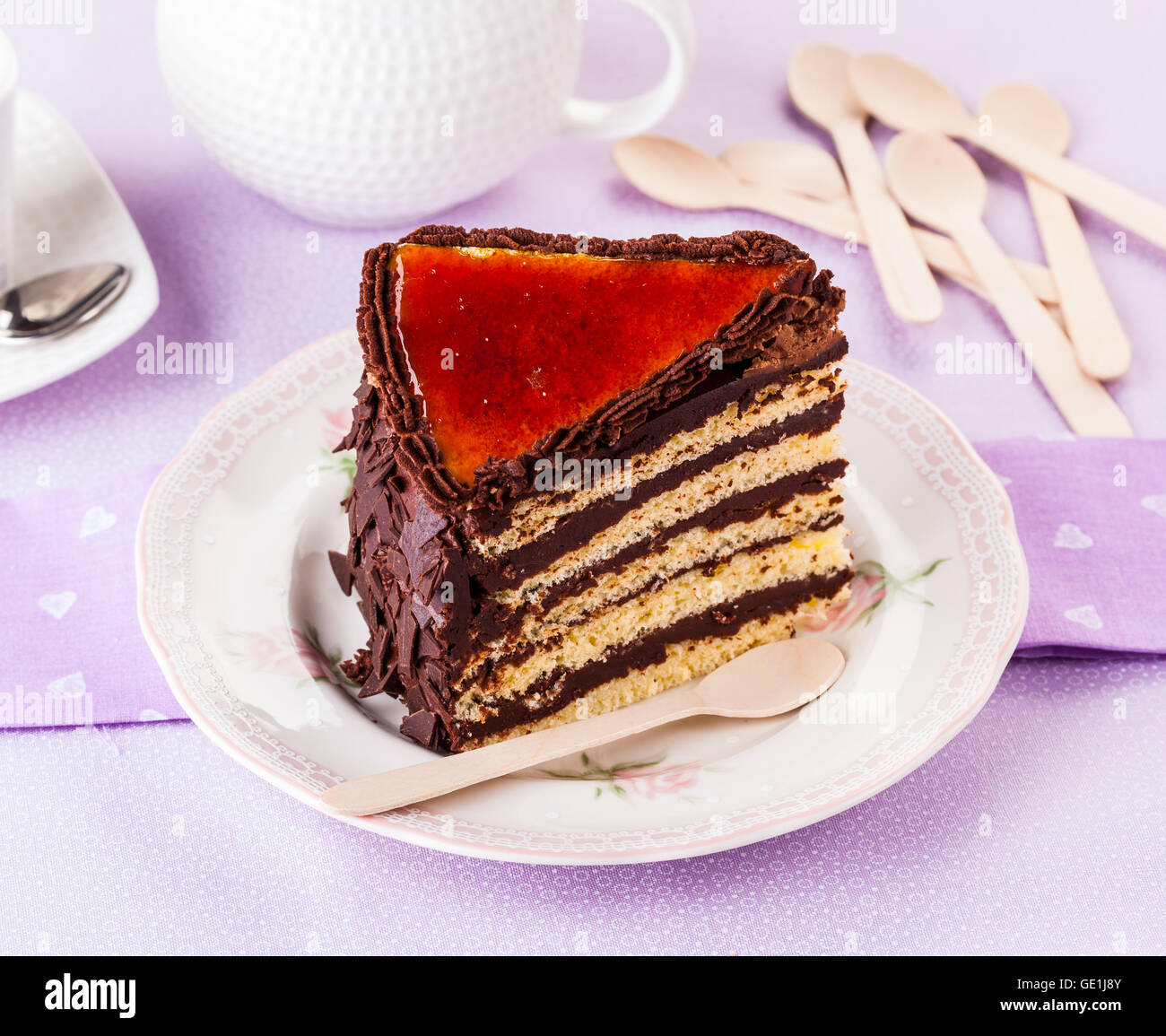 Hungarian Dobos torte, chocolate cake with caramelized top. Stock Photo