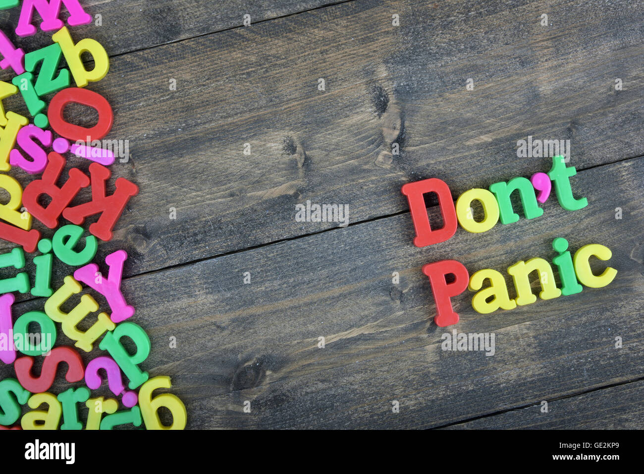 Don't panic word on wooden table Stock Photo
