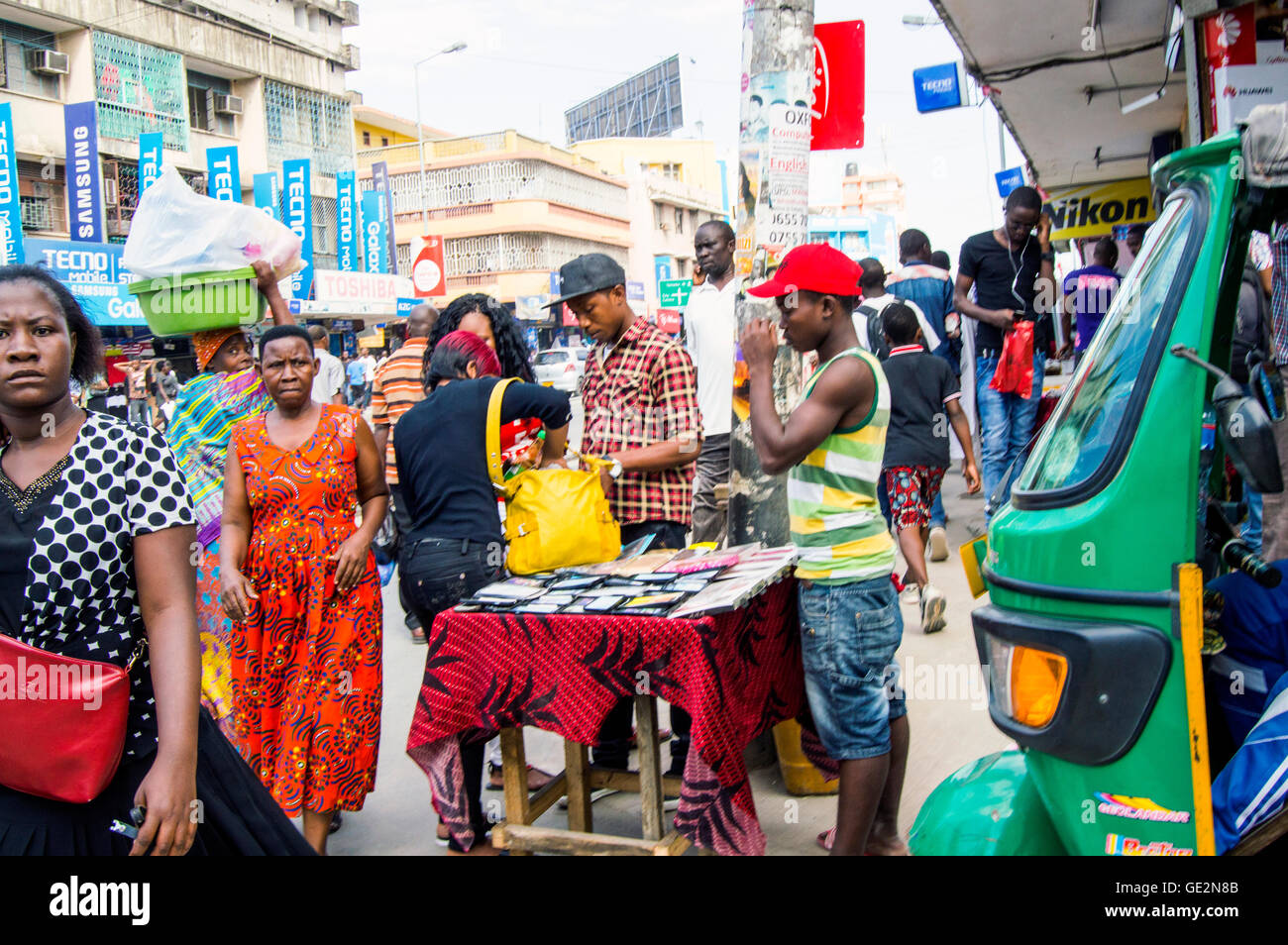Msimbazi Street scene with mobile phone shops, Kariakoo, DaresSalaam