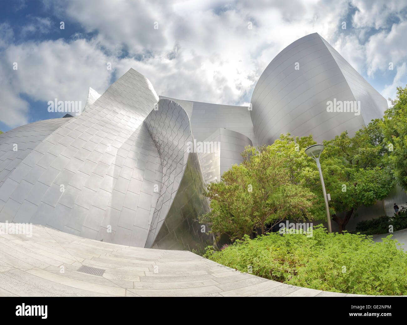 Fisheye lens photo of Walt Disney Concert Hall designed by Frank Gehry. Stock Photo