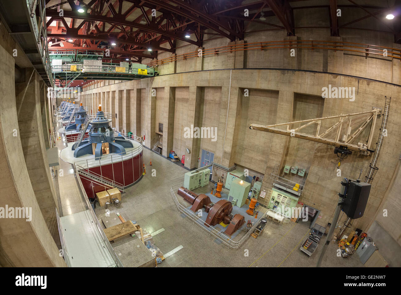 Fisheye lens picture of Hoover Dam interior with generators. Stock Photo