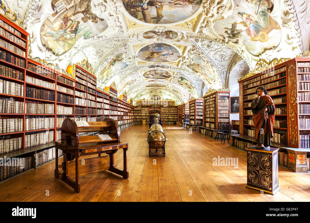 PRAGUE, CZECH REPUBLIC - JUNE 15, 2014: The Theological Hall in Strahov monastery in Prague, one of the finest library interiors Stock Photo