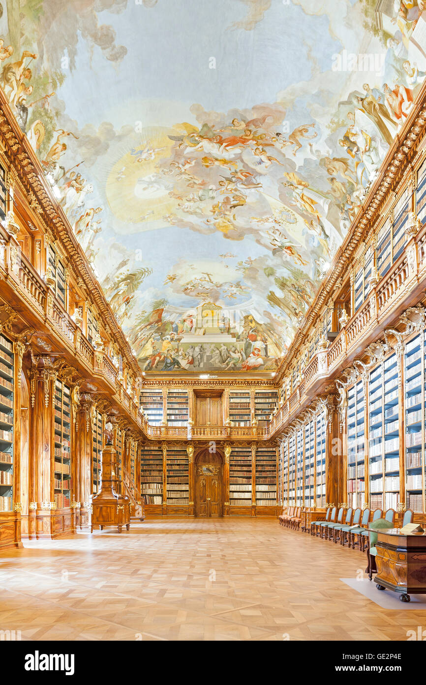 Prague, Czech Republic- June 15, 2014: Library in Strahov monastery in Prague, one of the finest library interiors in Europe. Stock Photo