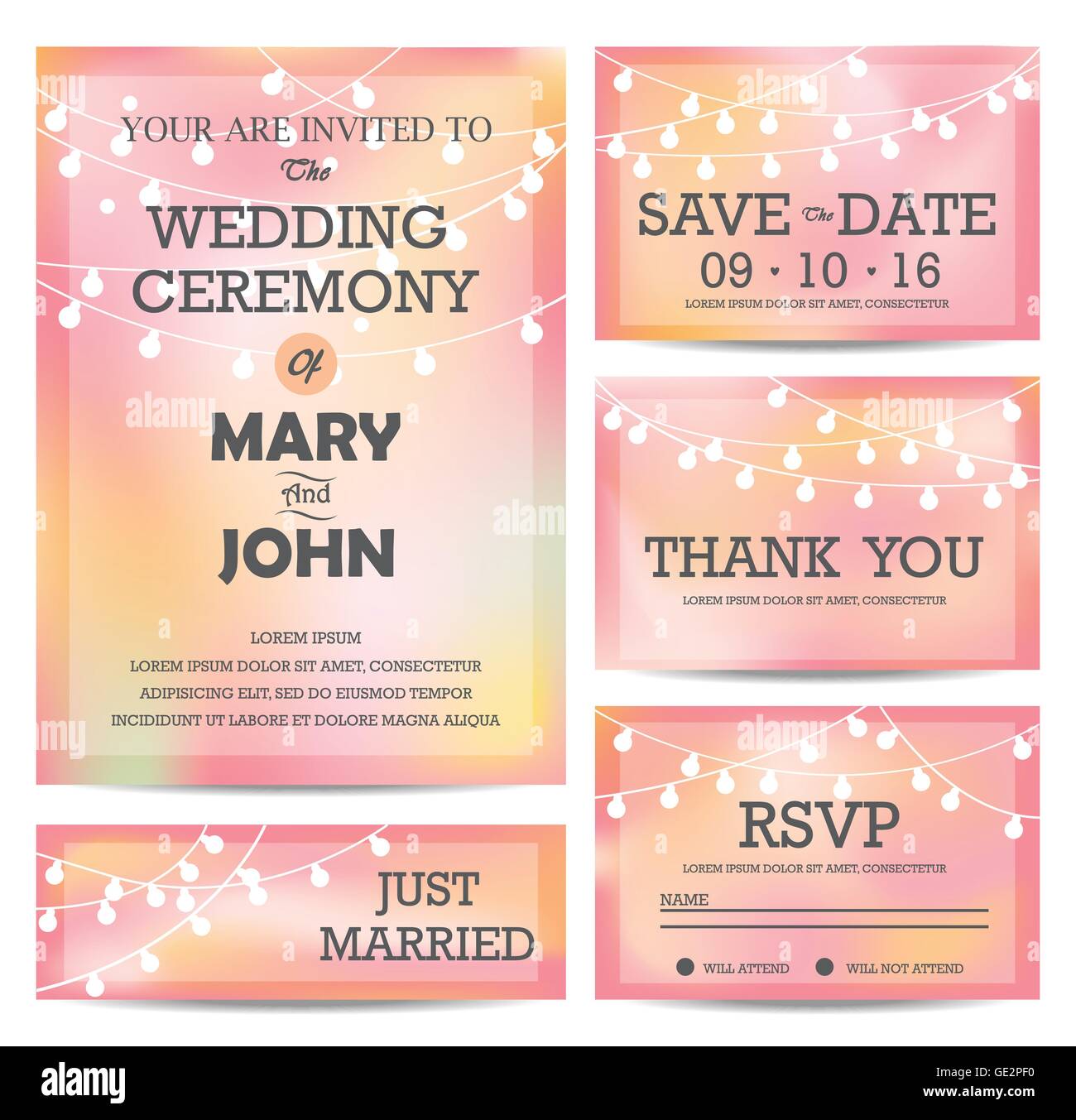wedding invitation, RSVP, and Thank you card templates,light and tree