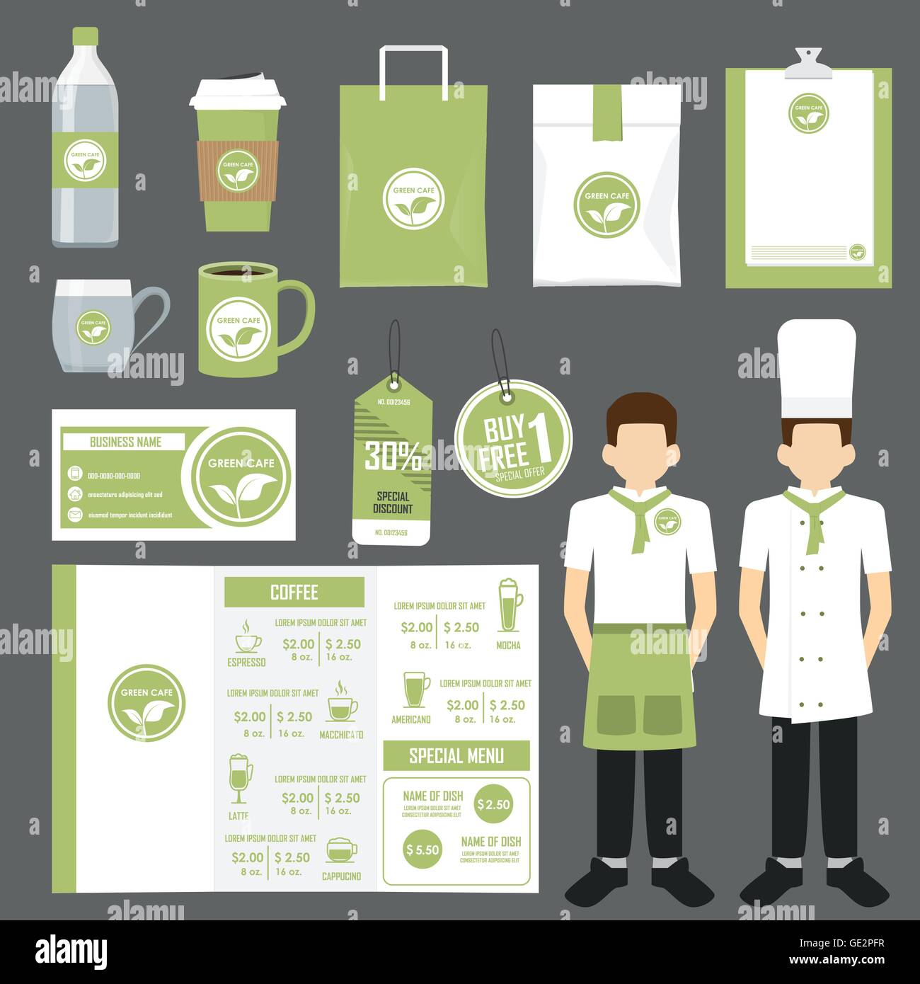 Restaurant, coffee shop and cafe design, flyer, menu, package, business  card, uniform and display layout set of corporate identi Stock Vector Image  & Art - Alamy