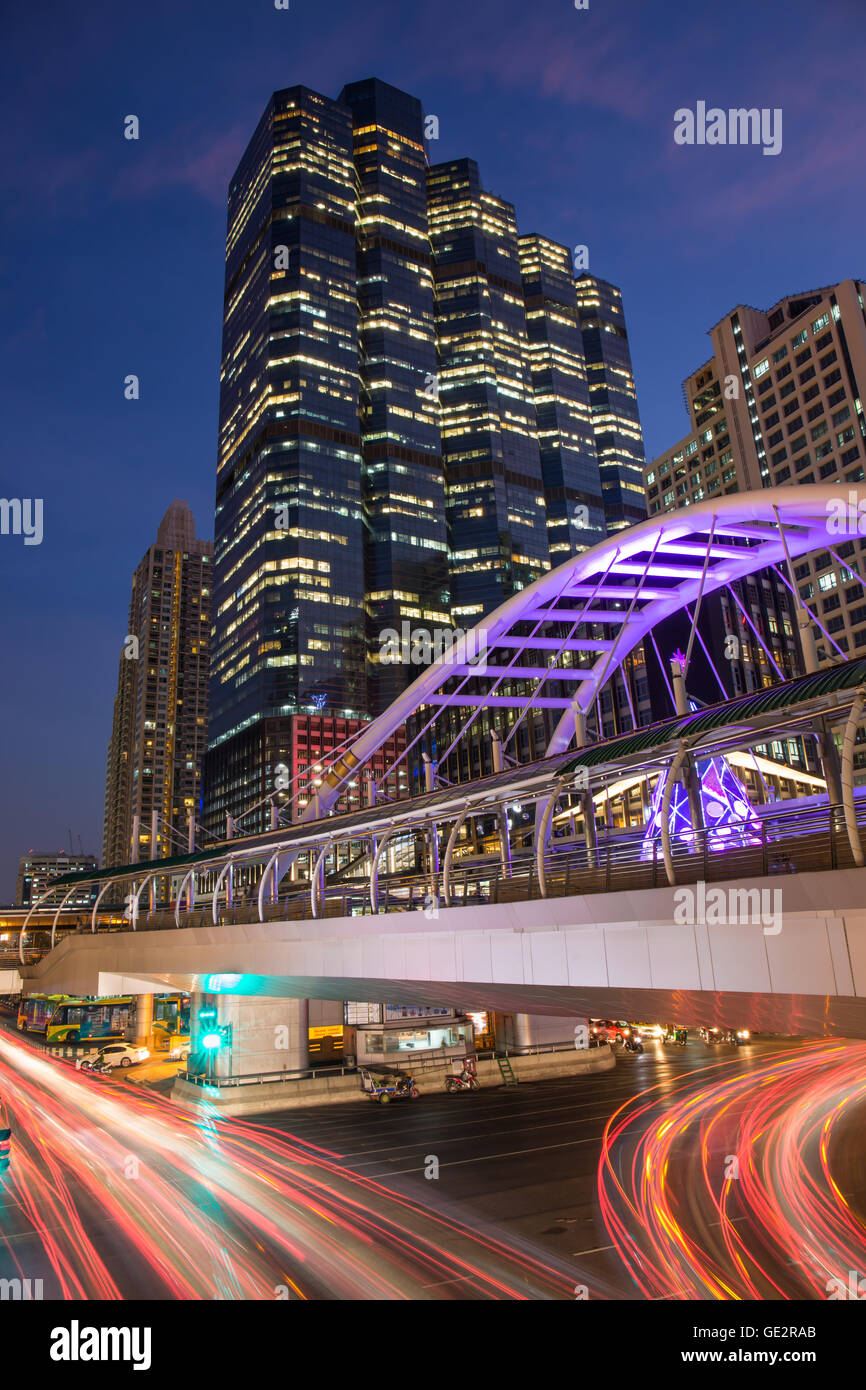 public skywalk at bangkok downtown square night in business zone, nighttime cityscape and light Stock Photo