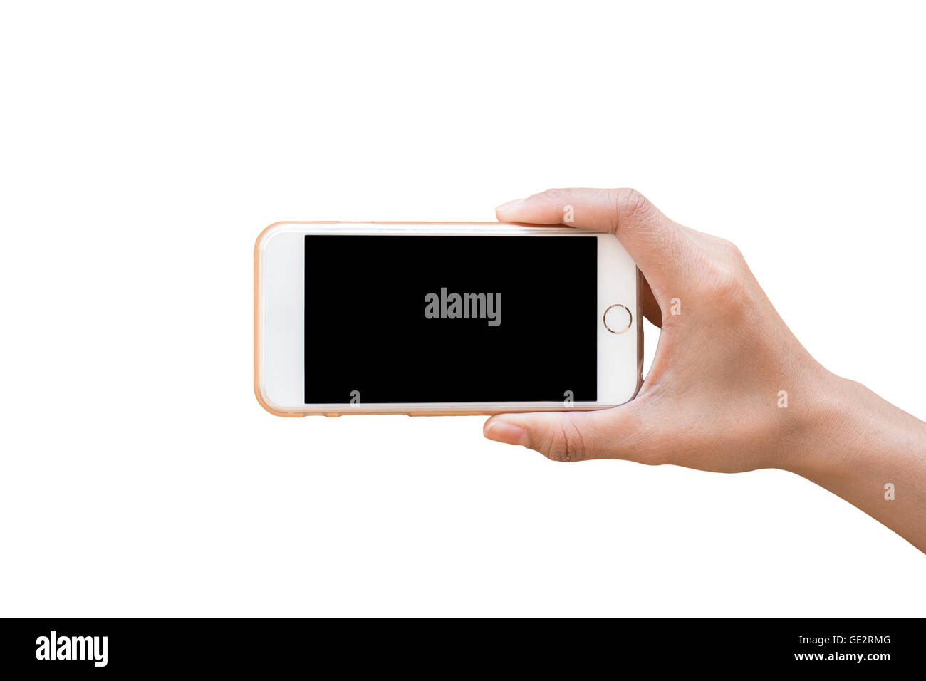 Hand holding white Smartphone on white background Stock Photo - Alamy