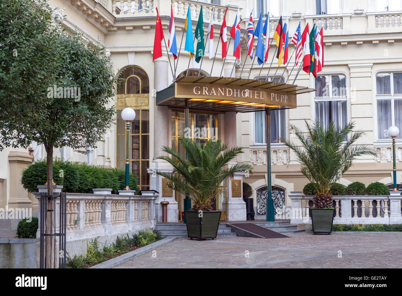 Grandhotel Pupp, Karlovy Vary, a spa town, West Bohemia, Czech Republic Main Entrance Stock Photo