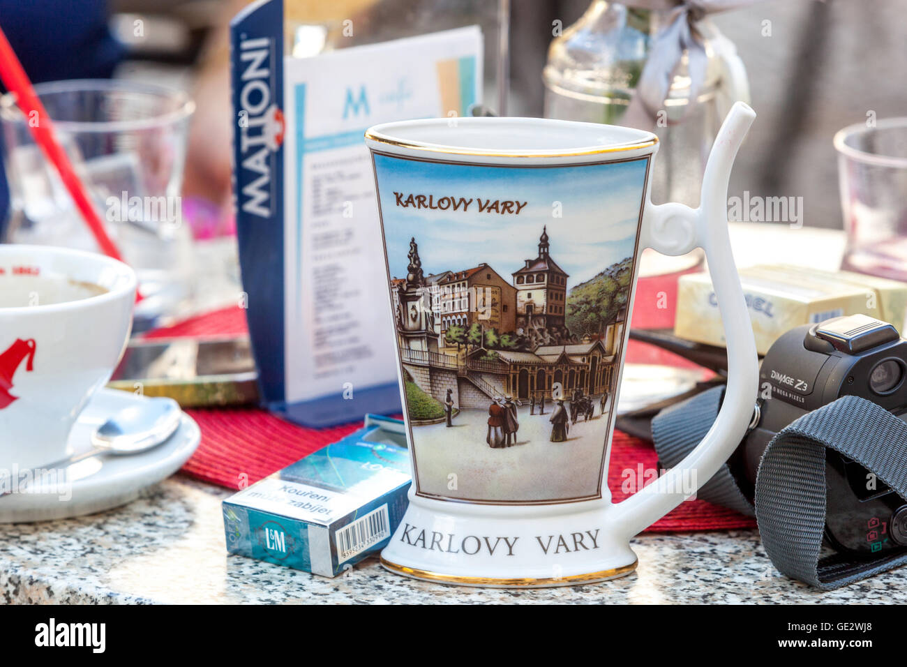 Traditional porcelain cup on the table, restaurant, Karlovy Vary Czech Republic Stock Photo