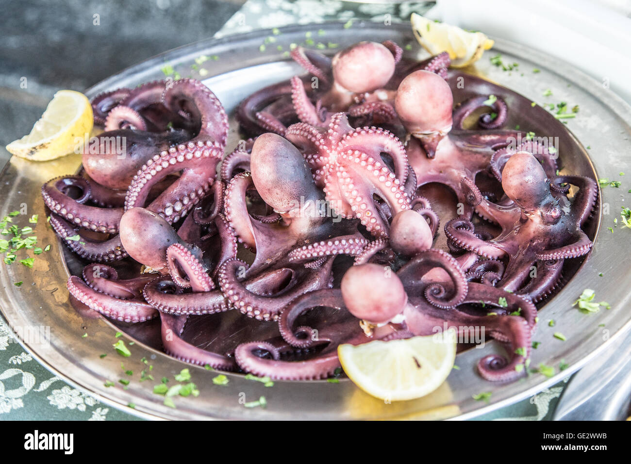 Grilled octopus. Traditional Mediterranean dish. Stock Photo