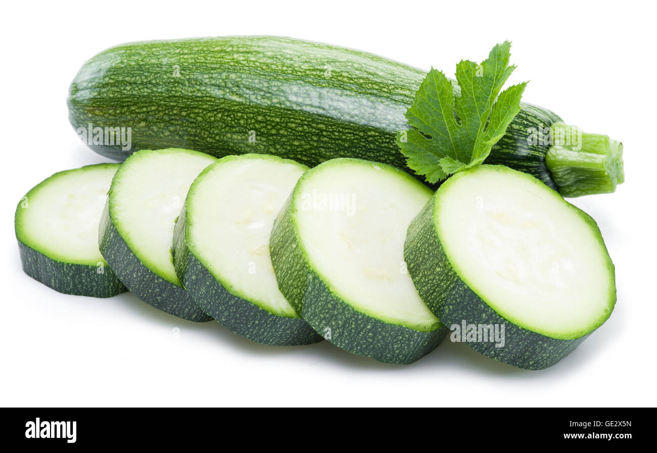 Zucchini with slices on a white background. Stock Photo