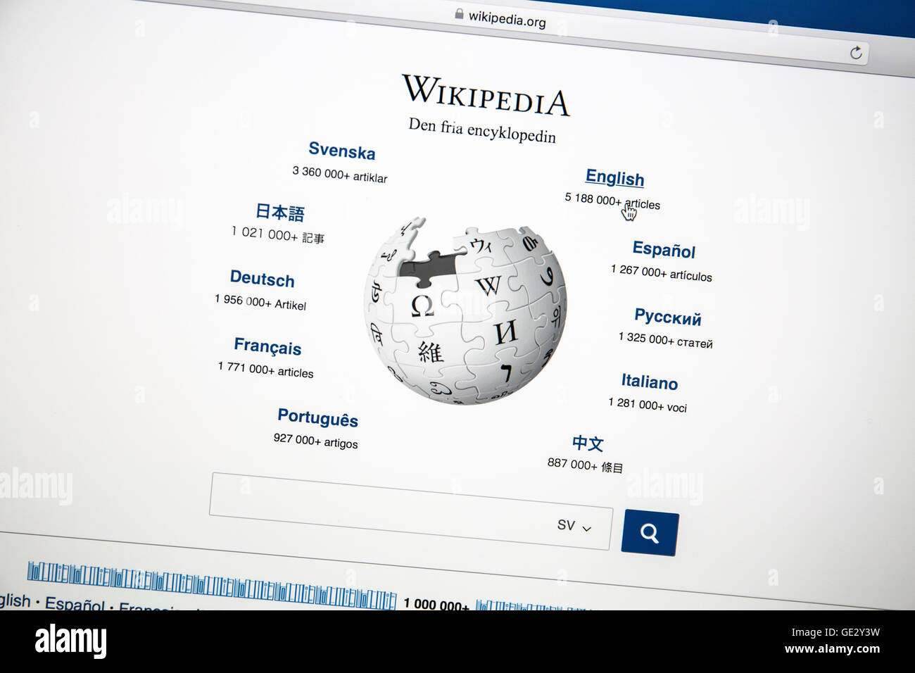 Wikipedia website on a computer screen.Wikipedia is a free Internet encyclopedia. Stock Photo