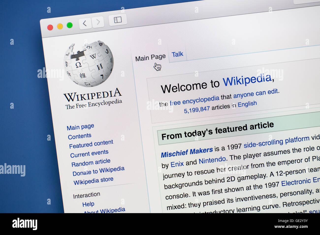 Wikipedia website on a computer screen.Wikipedia is a free Internet encyclopedia. Stock Photo