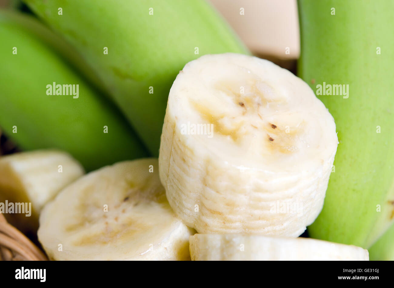 Banana (Other names are Musa acuminata, Musa balbisiana, and Musa x paradisiaca) fruit macro view Stock Photo