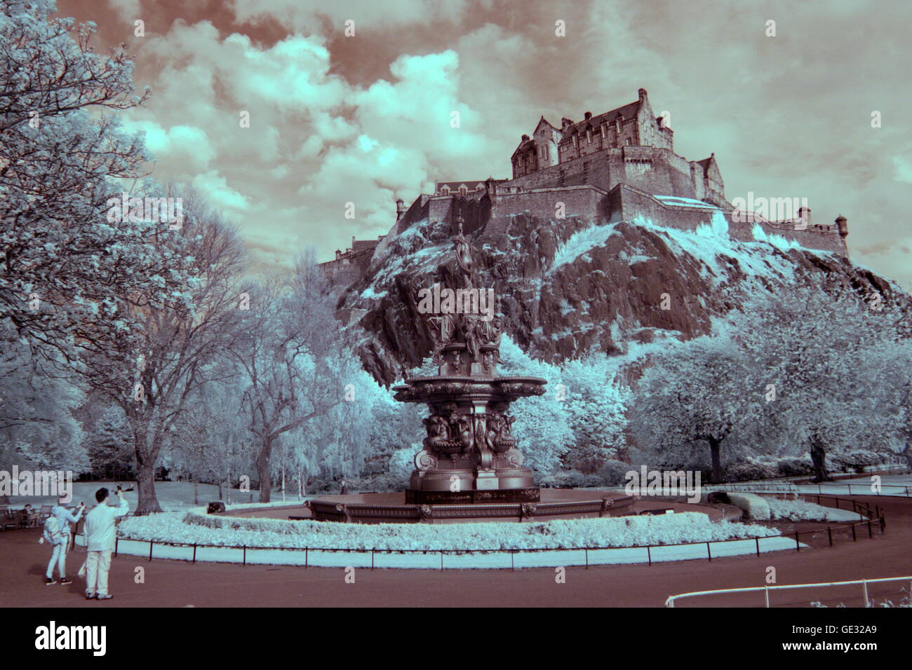 Edinburgh Castle infra red infrared from princes street gardens rock Stock Photo