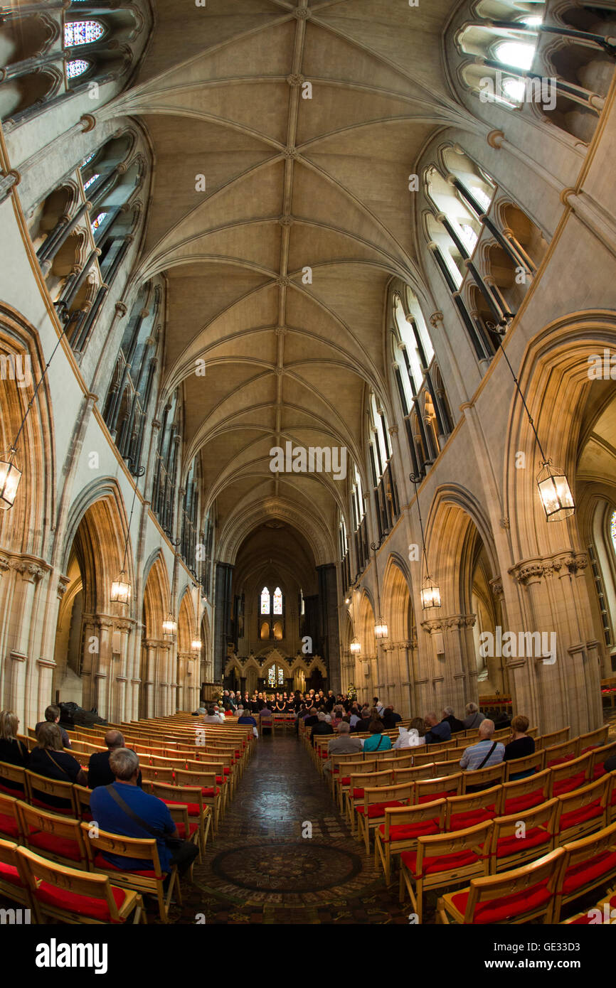 Ireland, Dublin, Christ Church Cathedral interior, choir concert, fisheye lens view Stock Photo