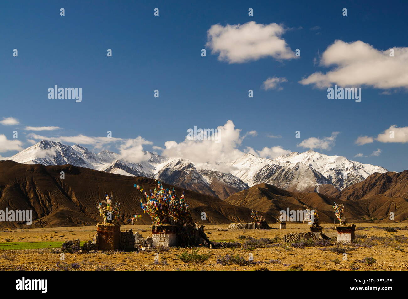 geography / travel, China, Tibet, mass of prayer flags and mani stones, Additional-Rights-Clearance-Info-Not-Available Stock Photo
