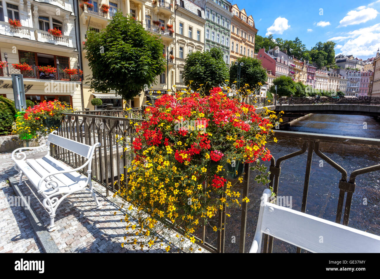 Karlovy Vary Tepla River, restaurants hotels at River Canal Czech Republic Stock Photo