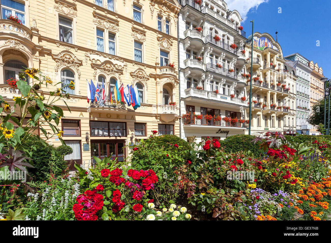 Karlovy Vary apartment houses, hotels opposite spring colonnade Bohemia, Czech Republic Spa town Stock Photo