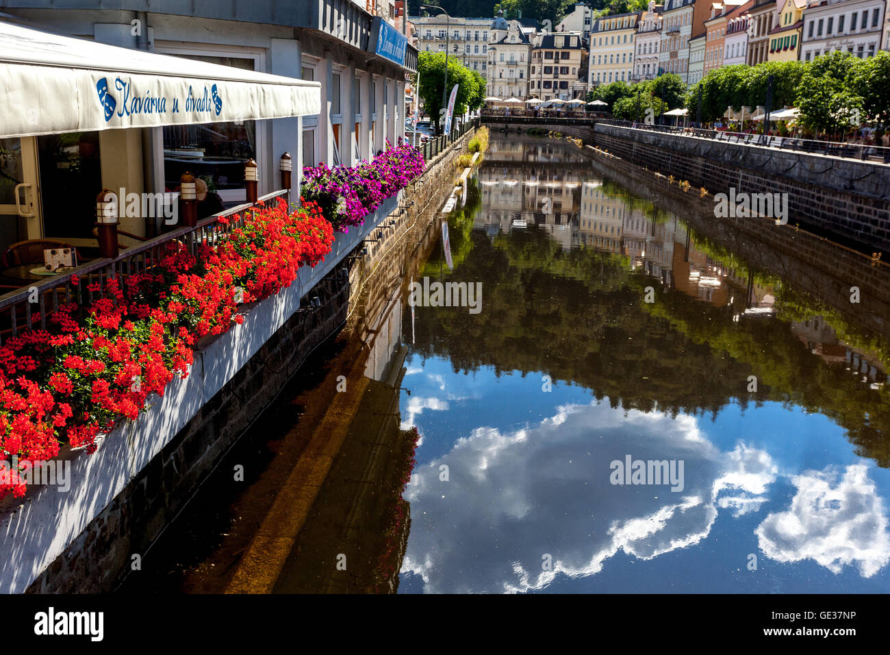 Karlovy Vary Tepla River, the restaurant at River Canal Stock Photo