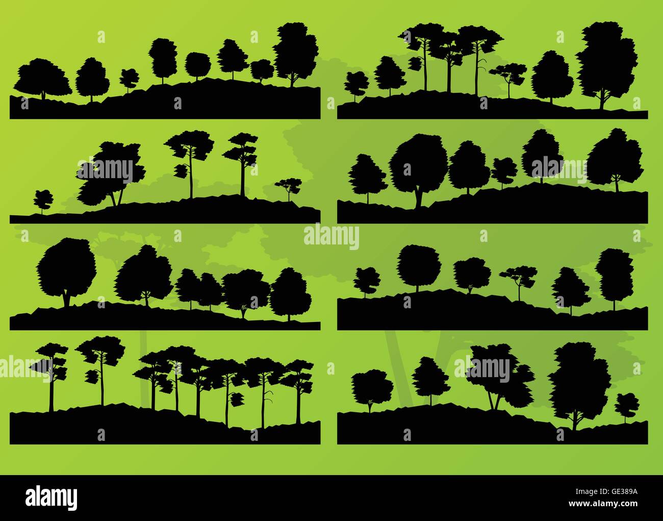 Forest trees silhouettes landscape illustration collection ecology ...