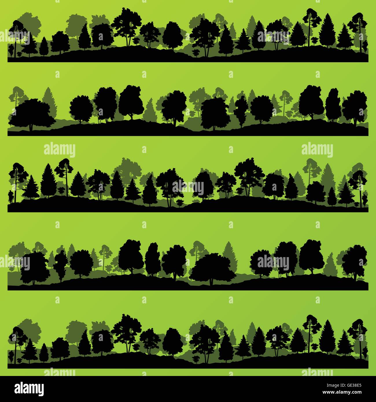 Forest trees silhouettes landscape illustration collection Stock Vector ...