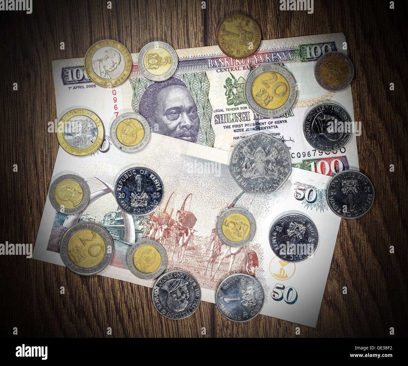 Kenya money Shilling, banknote and coins. Stock Photo