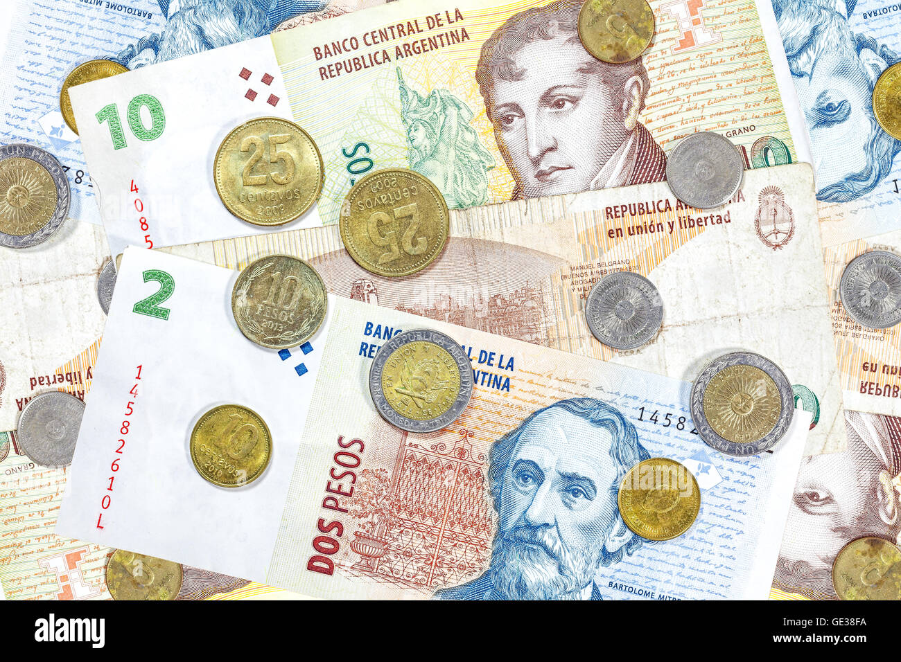 Money from Argentina, peso banknotes and coins. Stock Photo