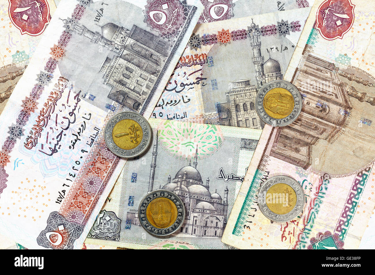 Money from Egypt, pound banknotes and coins. Stock Photo