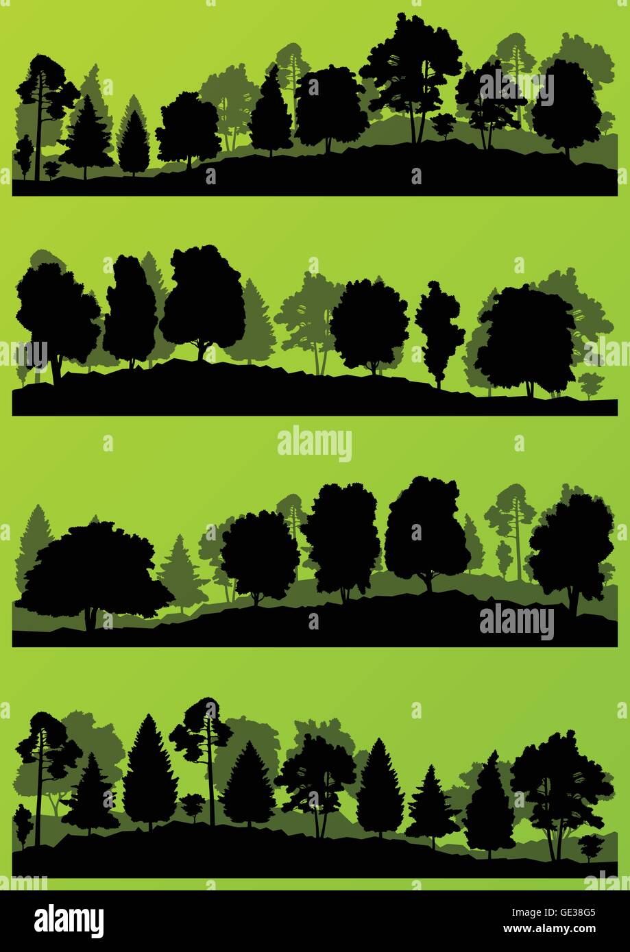 Forest trees silhouettes landscape illustration collection Stock Vector ...