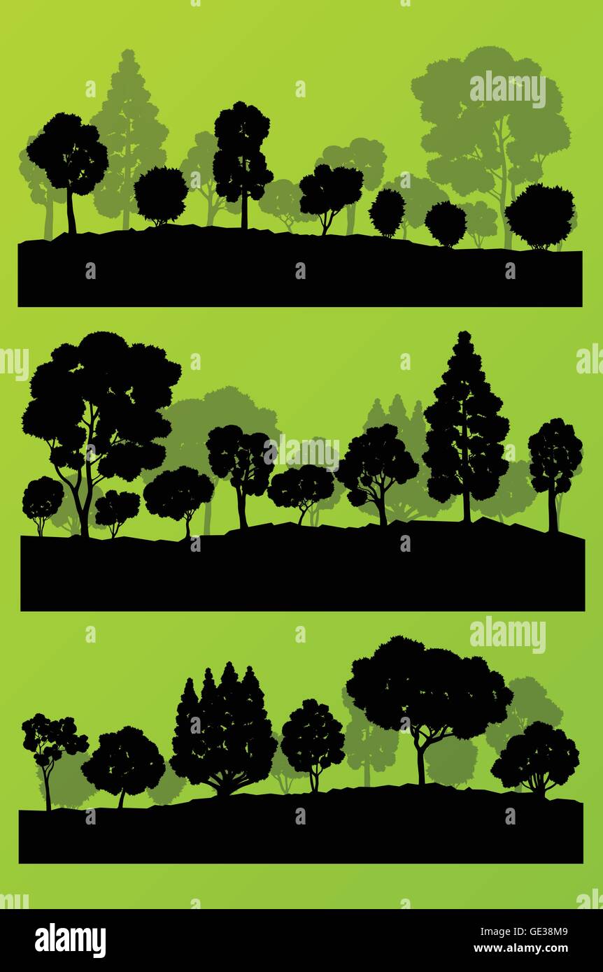 Forest trees silhouettes landscape illustration collection background ...