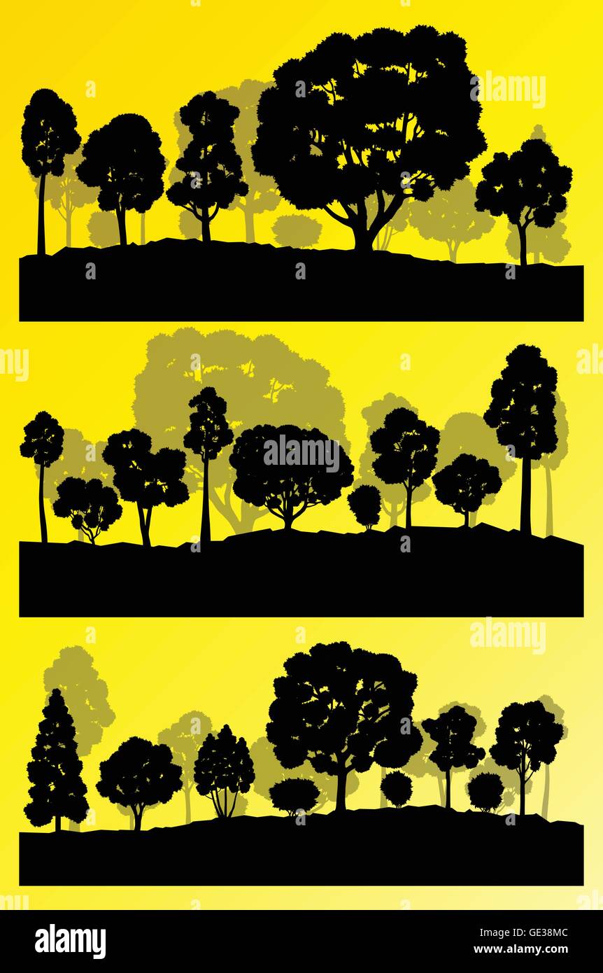 Forest trees silhouettes landscape illustration collection background ...