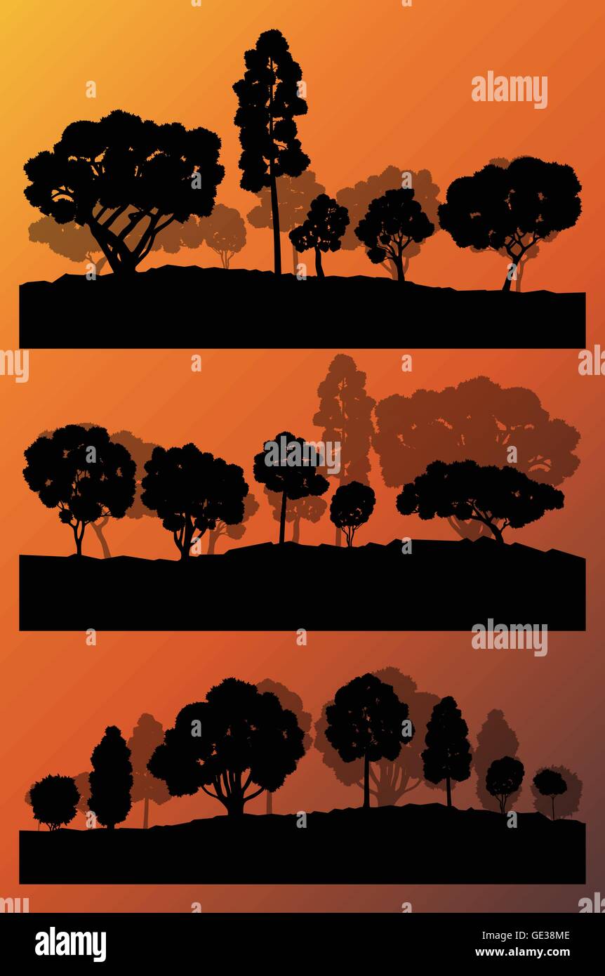 Forest trees silhouettes landscape illustration collection background ...
